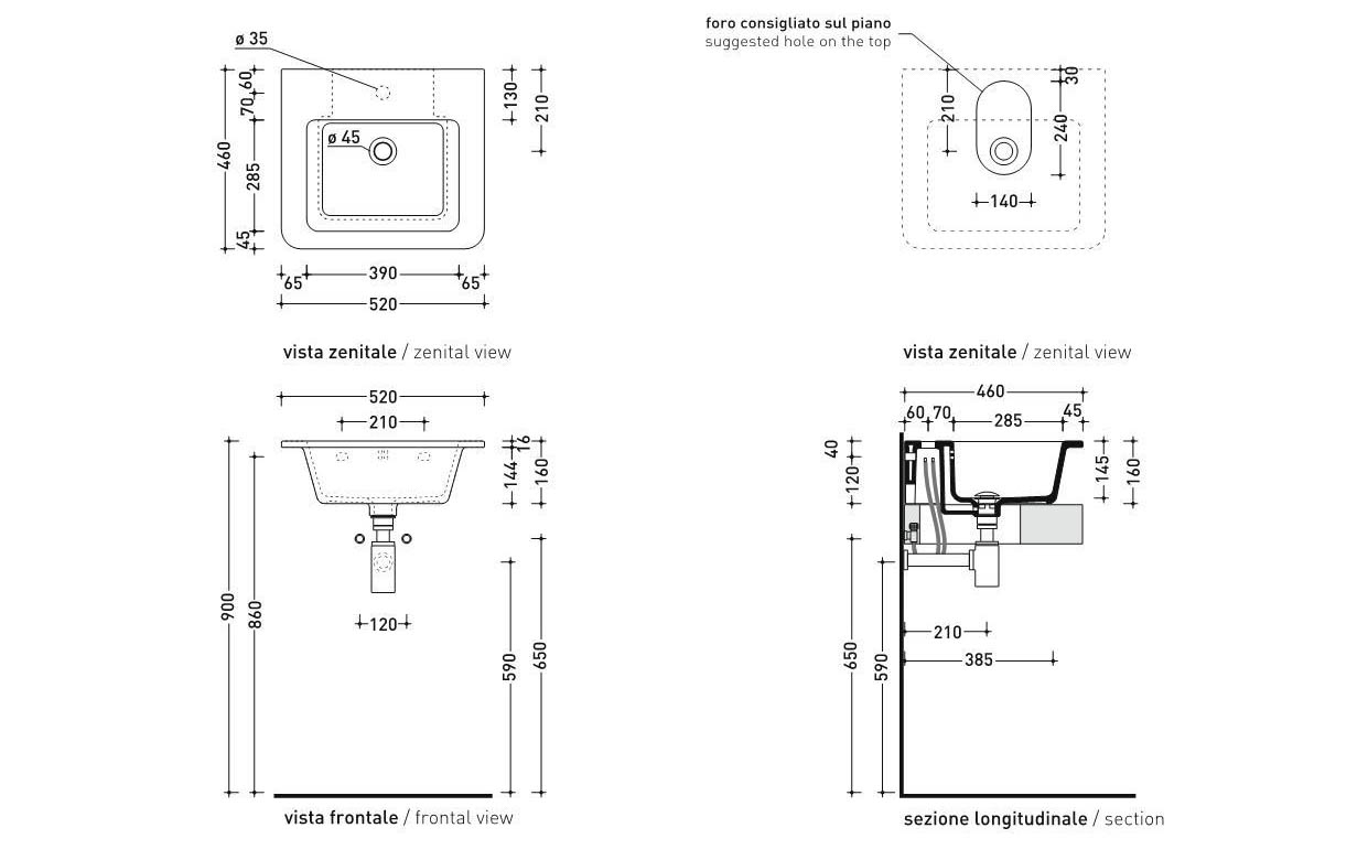 Раковина Flaminia Volo 52 Countertop - Wall Hung Basin 52х46 схема 6