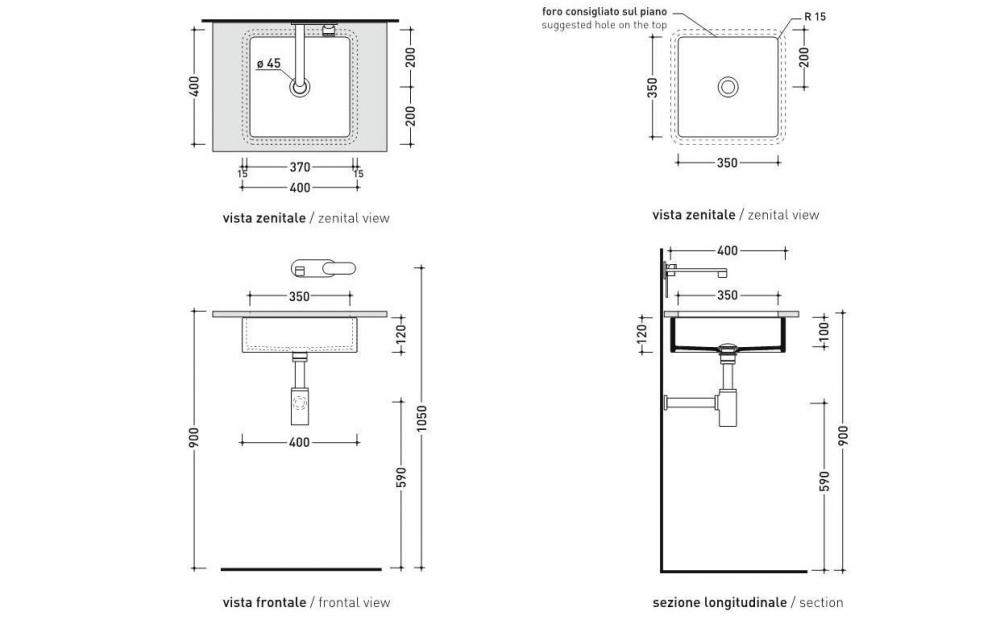 Раковина Flaminia Miniwash 40 Under-Counter Basin 35х35 схема 3