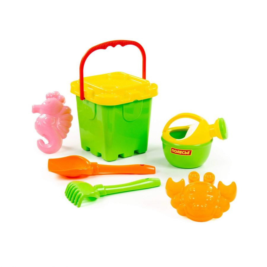 Набор №288: ведро-крепость большое, ситечко-крепость большое, лопатка №5, грабельки №5, формочки (краб №2 + морской конёк), лейка малая №4