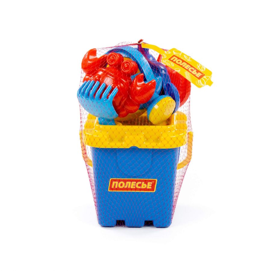 Набор №288: ведро-крепость большое, ситечко-крепость большое, лопатка №5, грабельки №5, формочки (краб №2 + морской конёк), лейка малая №4