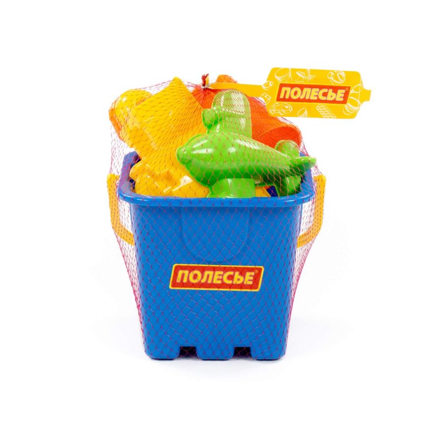 Набор №300: ведро-крепость большое, совок №8, грабельки №8, формочки (самолёт + замок башня + замок стена с одной башней)