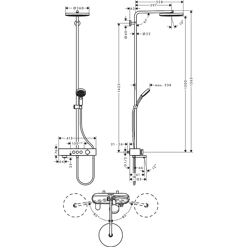 Душевая система Hansgrohe Pulsify S Showerpipe 260 1jet 24230000 с термостатом хром ФОТО