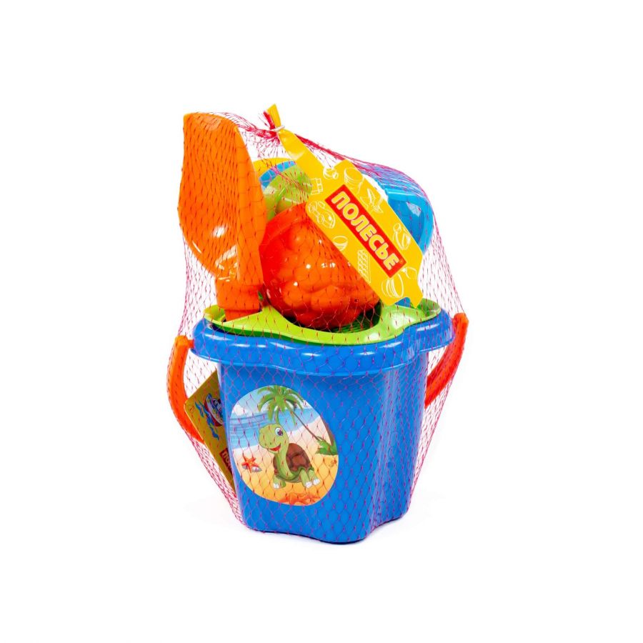 Набор №142: ведро-цветок среднее, ситечко-цветок, лопатка №5, грабельки №5, 4 формочки