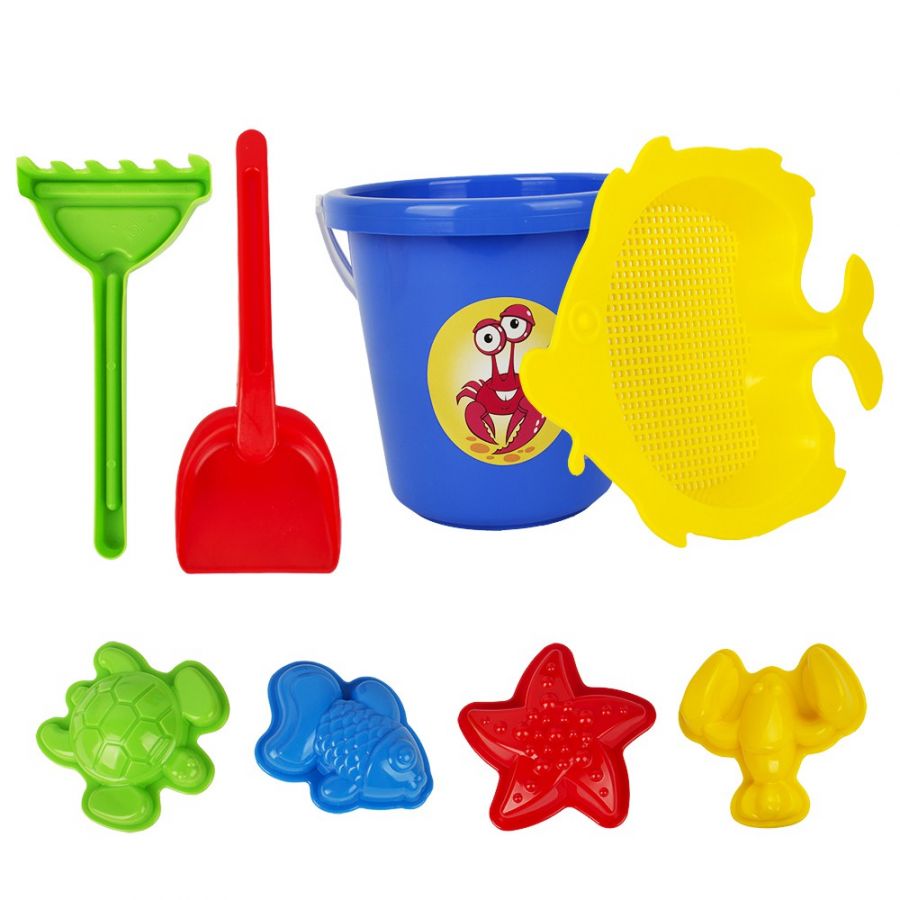 Песочный набор мультяшка «Дай Краба!» (4 формочки для песка, ведро большое, совок, грабли, сито)