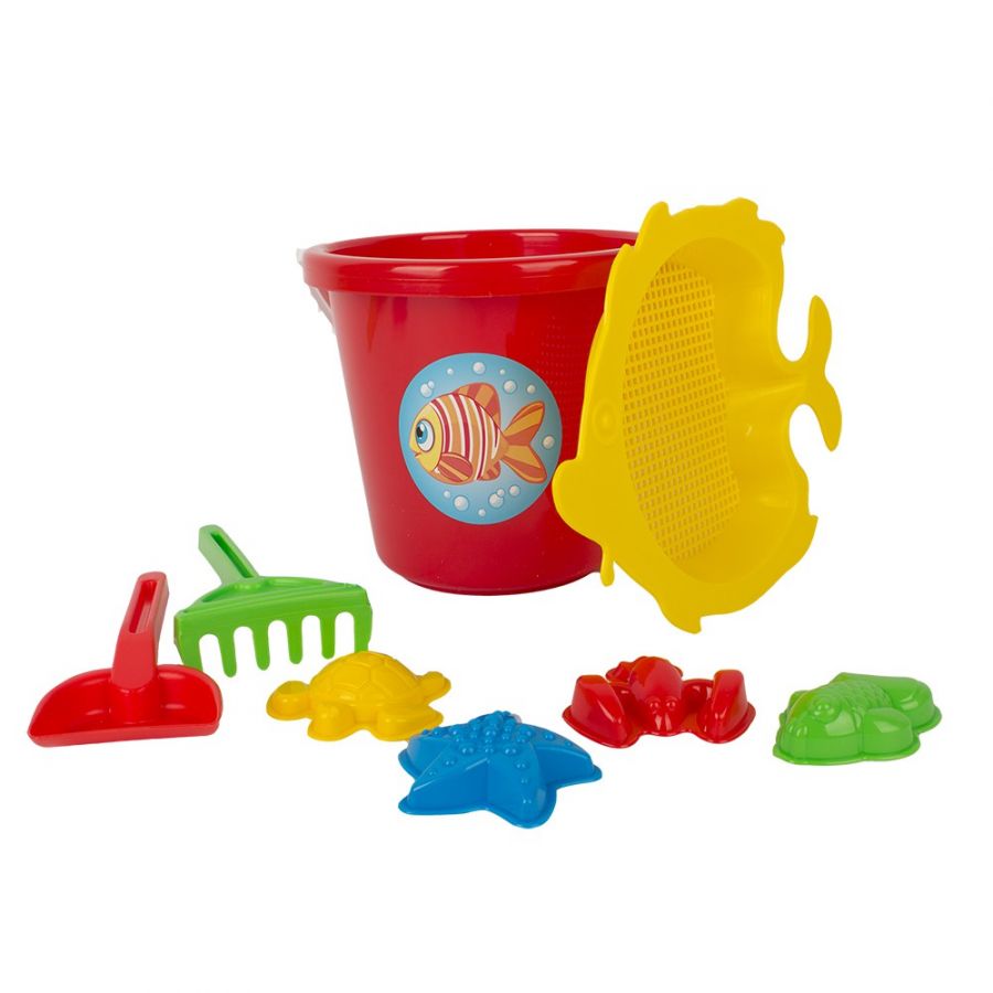 Песочный набор мультяшка «Дай Краба!» (4 формочки для песка, ведро большое, совок, грабли, сито)