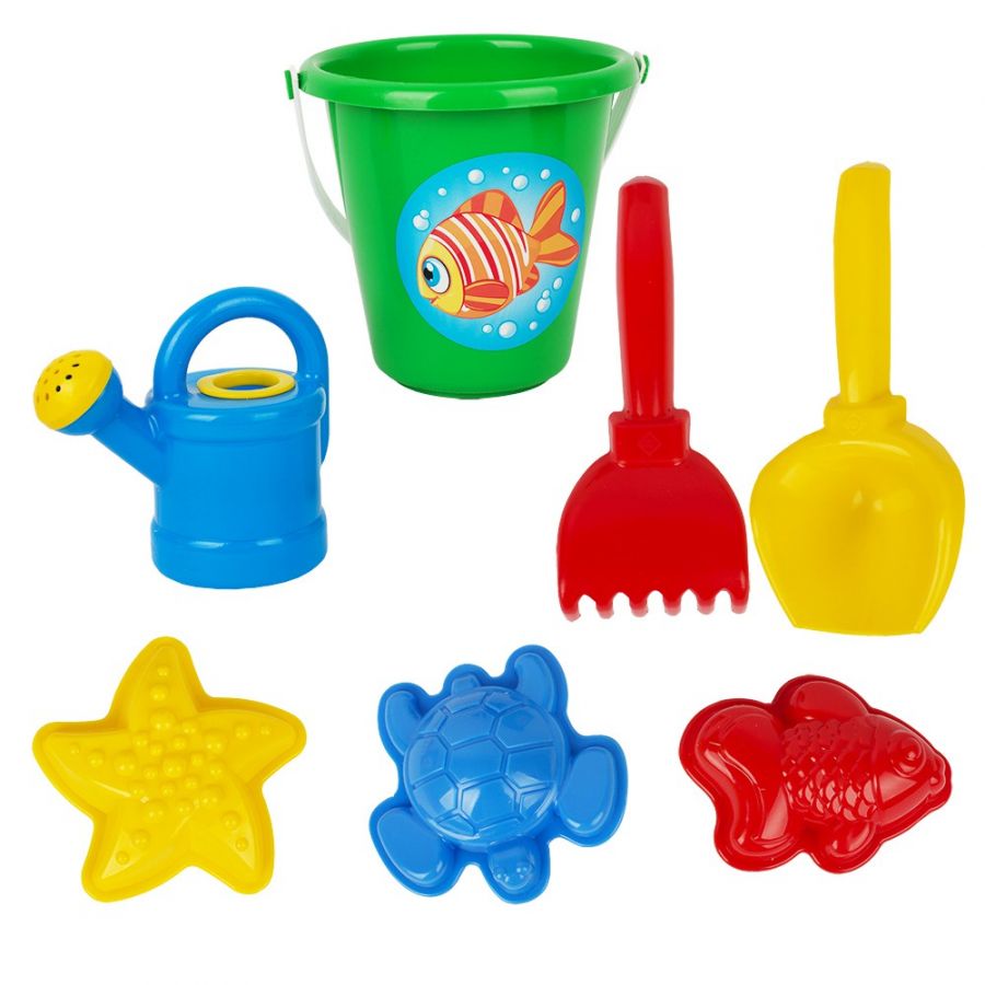 Песочный набор мультяшка «Дружок» (3 формочки для песка, лейка мини, совок, ведро мини, грабли)