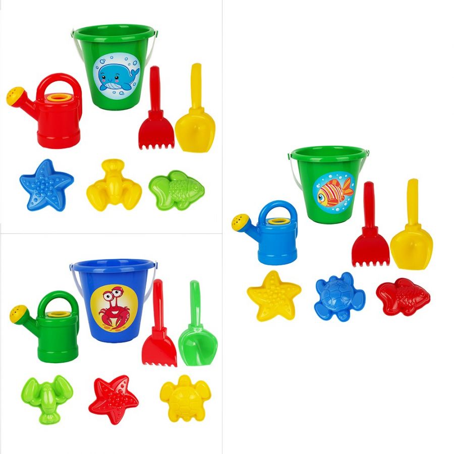 Песочный набор мультяшка «Дружок» (3 формочки для песка, лейка мини, совок, ведро мини, грабли)