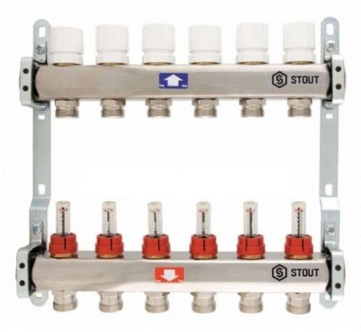 Stout 1" x 3/4" на 7 выходов коллектор с расходомерами из нерж. стали (SMS-0917-000007)