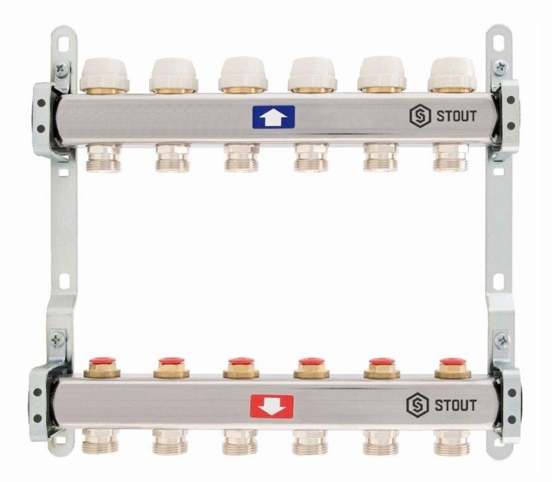 Stout 1" x 3/4" на 5 выходов коллектор для радиаторного отопления из нерж. стали (SMS-0922-000005)