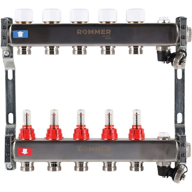 Rommer коллектор 1"x3/4", 5 контуров с расходомерами и запорными клапанами RMS-1201-000005