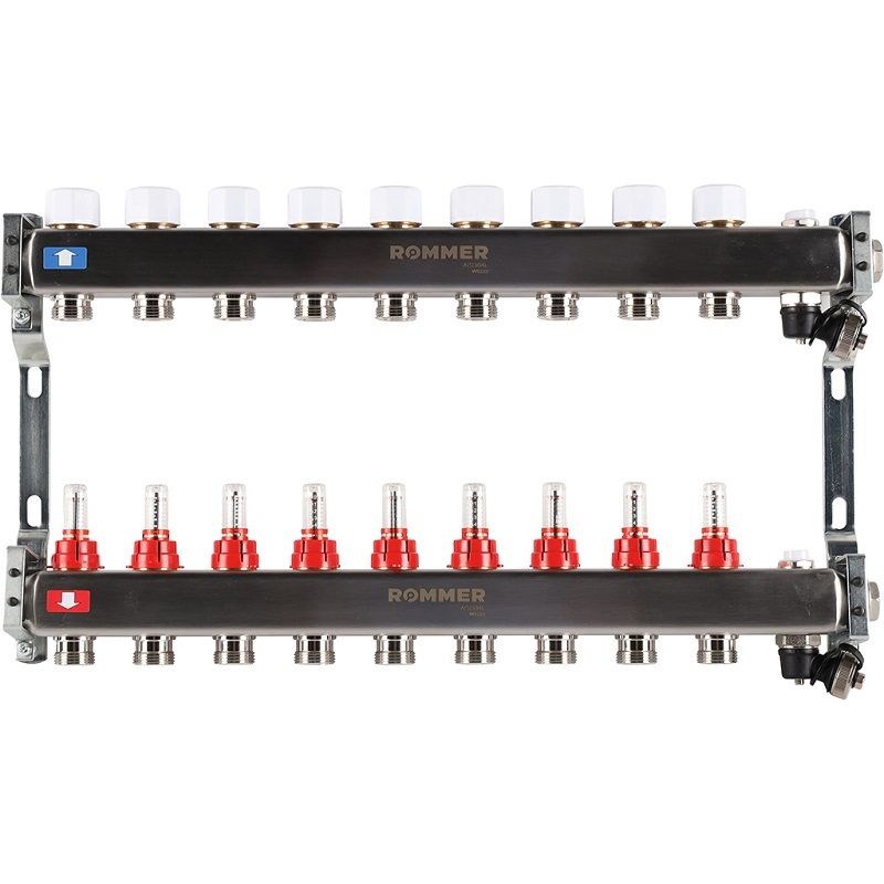 Rommer коллектор 1"x3/4", 9 контуров с расходомерами и запорными клапанами RMS-1201-000009