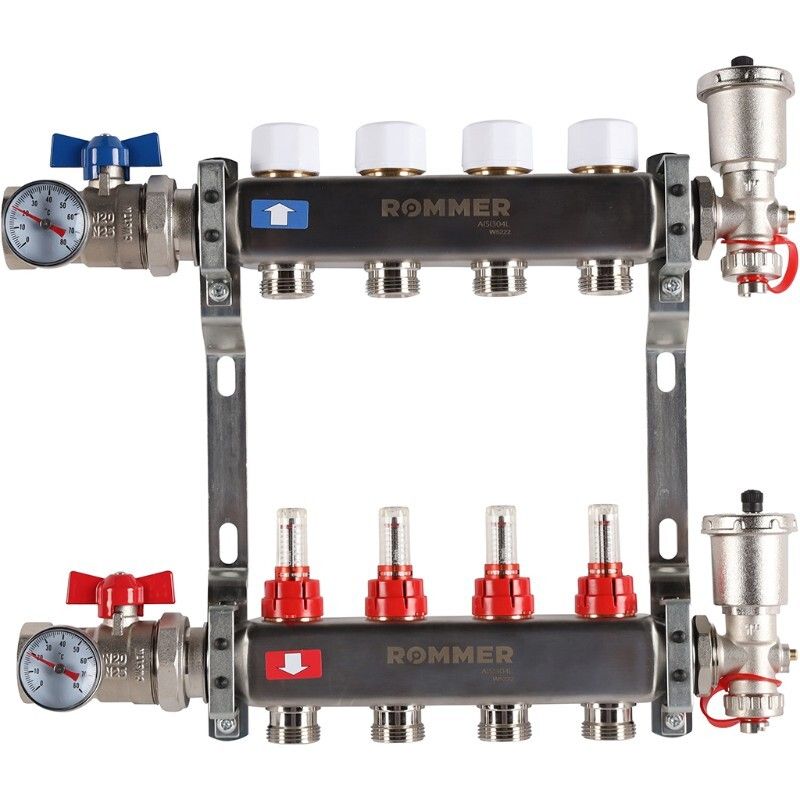 Rommer коллектор 1"x3/4", 4 контура с расходомерами в сборе из нерж. стали RMS-1210-000004