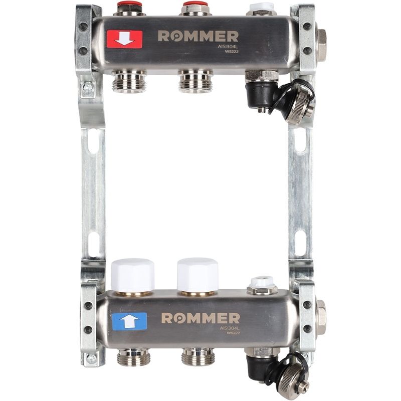 Rommer коллектор 1"x3/4", 2 контура с запорными клапанами из нерж. стали RMS-3201-000002