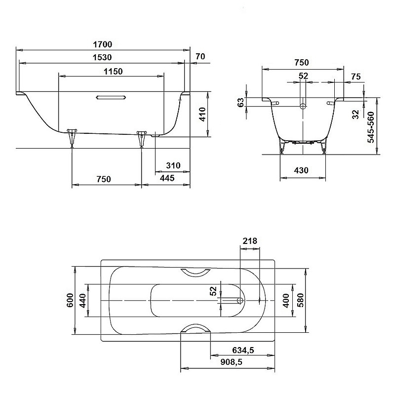 Стальная ванна Kaldewei Saniform Plus 170x75 112600010001 без покрытия схема 8