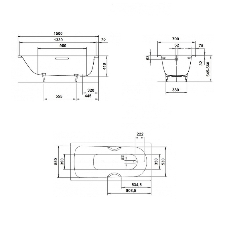 Стальная ванна Kaldewei Saniform Plus 361-1 150x70 111600010001 без покрытия схема 7