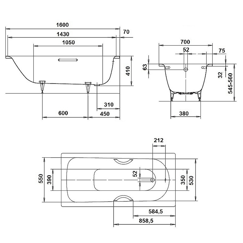 Стальная ванна Kaldewei Saniform Plus 362-1 160x70 111700010001 без покрытия схема 8