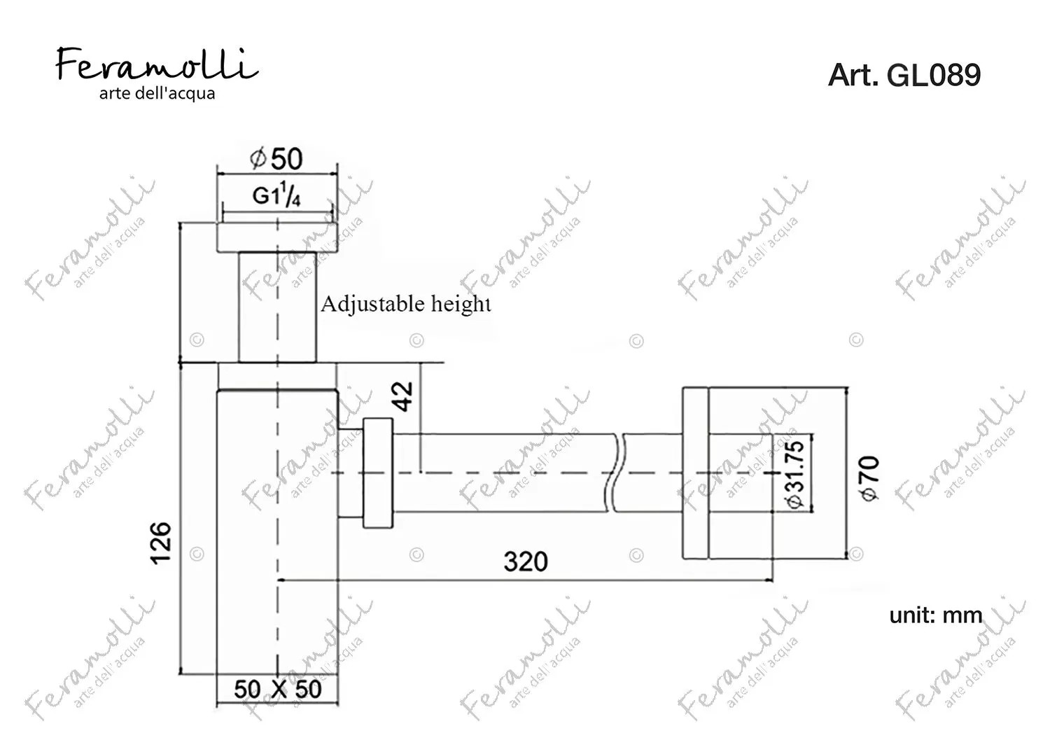 Квадратный сифон для раковины Feramolli GL089, золото схема 2