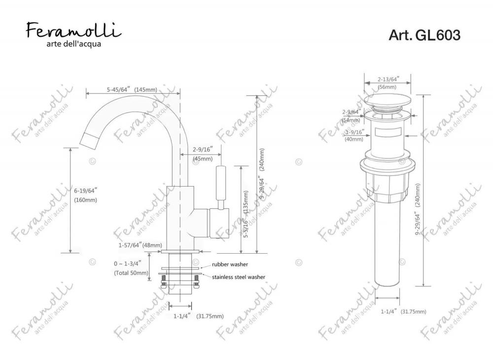 Смеситель для раковины золото Feramolli GL603 схема 2