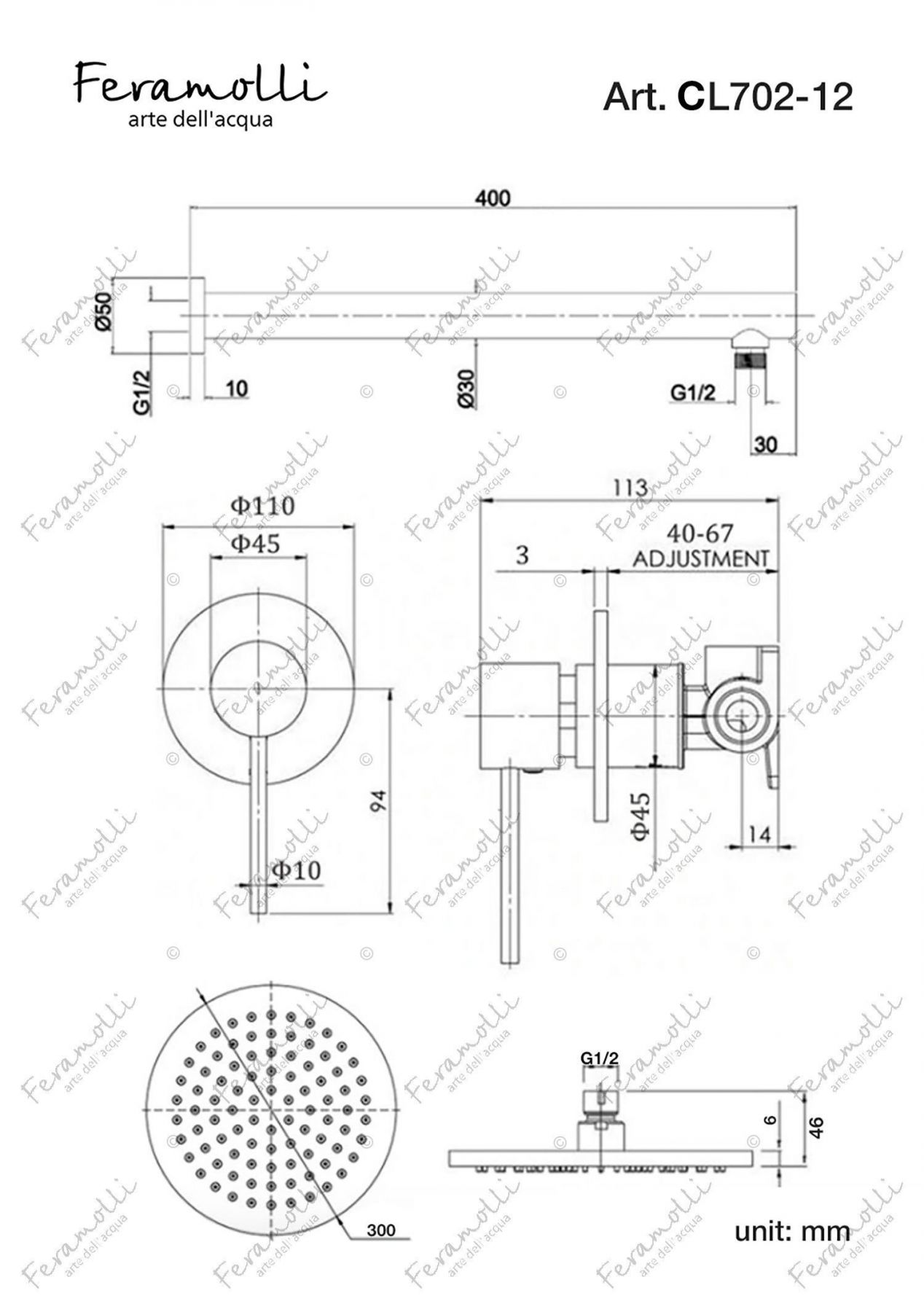 Душевая система Feramolli CL 702-12 (30см.), хром схема 2