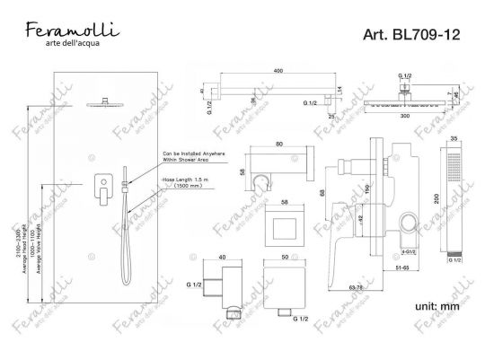 Душевая система Feramolli BL709-12 (30см.), черный ФОТО