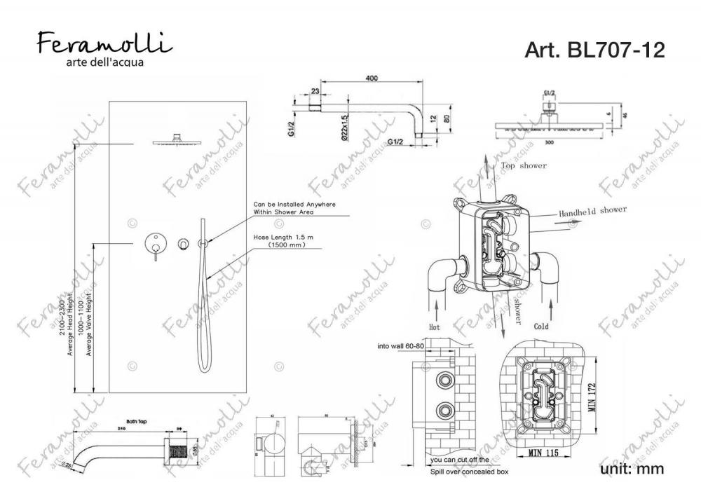 Душевая система Feramolli 3in1 BL707-12 (30см.), черный схема 2