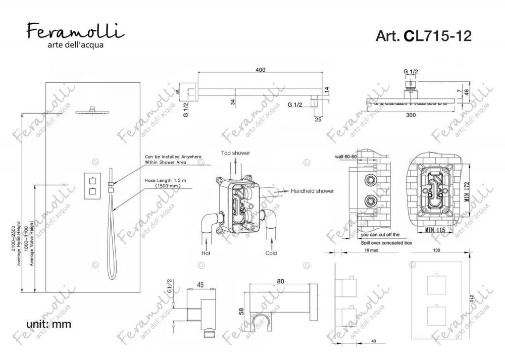 Душевая система с термостатом Feramolli CL715-12 (30см.), хром схема 2