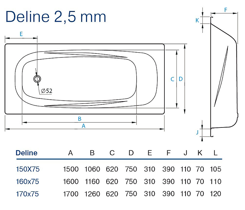 Стальная ванна Koller Pool Deline 170x75 B75US200E с отверстиями для ручек без антискользящего покрытия схема 4