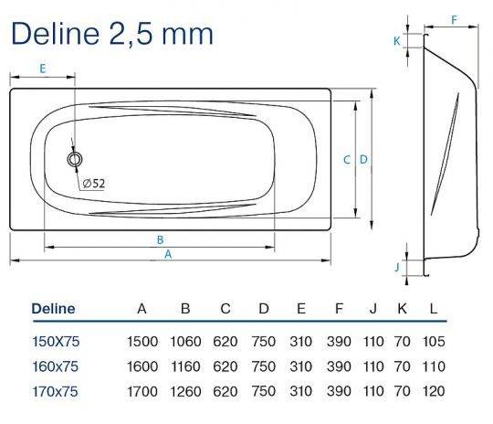 Стальная ванна Koller Pool Deline 170x75 B75US200E с отверстиями для ручек без антискользящего покрытия ФОТО