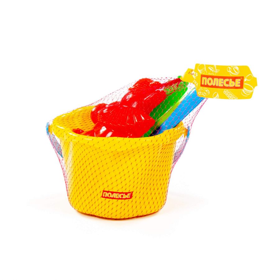 Набор №665: ведро-цветок среднее №4, лопатка №5, грабельки №5, формочки (динозавр №1 + динозавр №2)