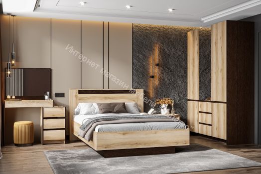 Кровать двойная №3 (универсальная 1.4х2.0 Страйп) Серия 3 Дуб Делано/Дуб Венге