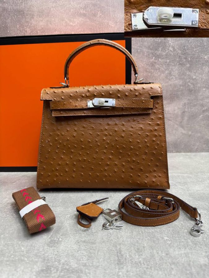 Сумка HERMES KELLY Ostrich страус 28 см серебро