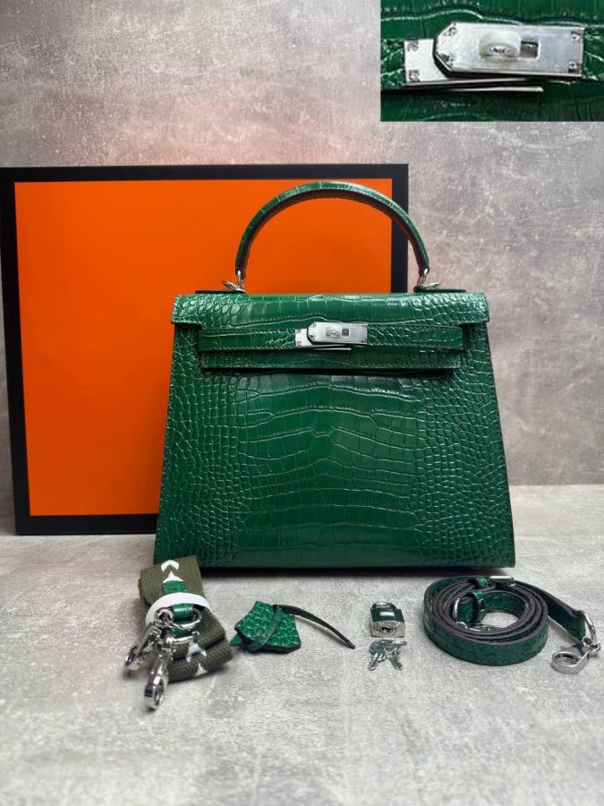 Сумка HERMES KELLY Crocodile 28 см серебро