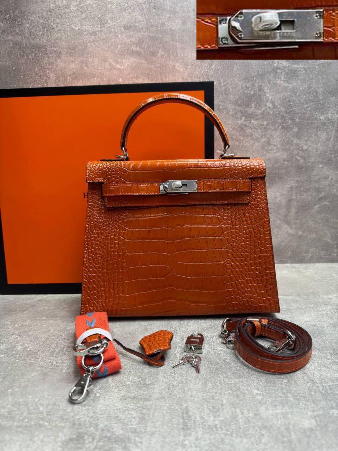 Сумка HERMES KELLY Crocodile 28 см серебро