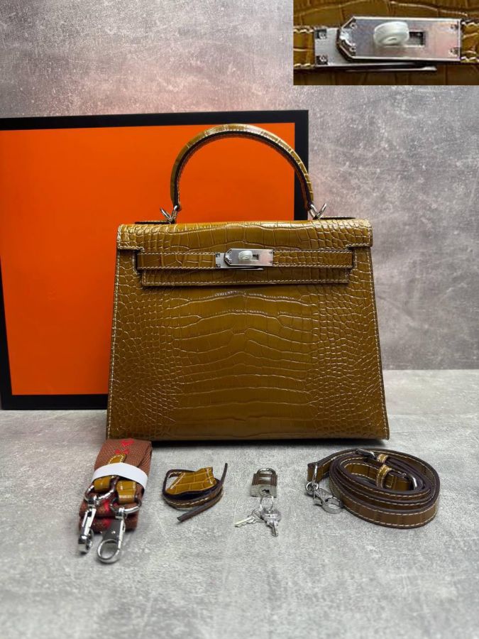 Сумка HERMES KELLY Crocodile 28 см серебро