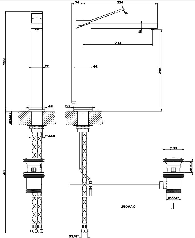 Смеситель Gessi Rettangolo K для раковины 53003 схема 9