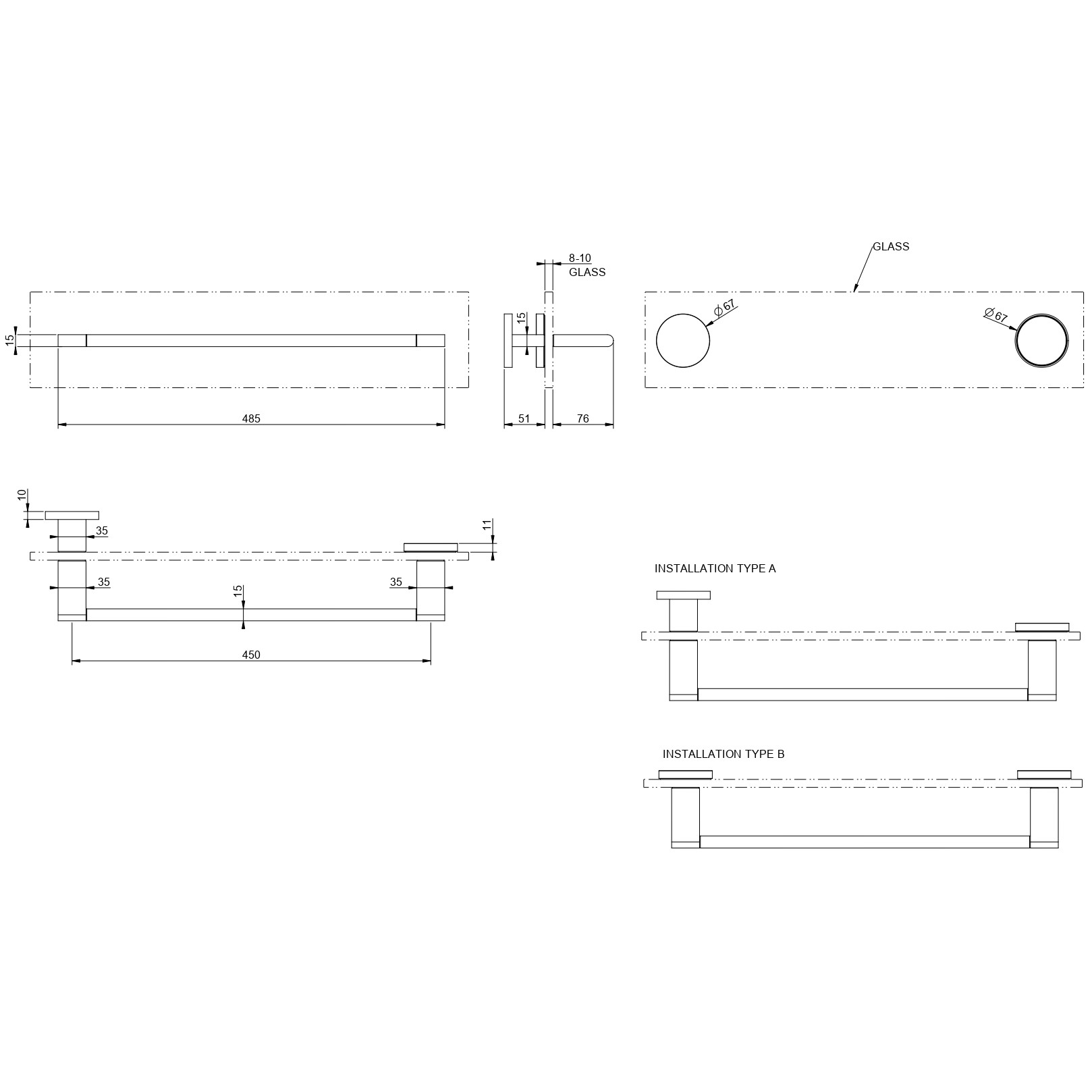 Держатель для полотенец 45 см крепление на стекло Gessi Origini Accessories 66513 схема 2