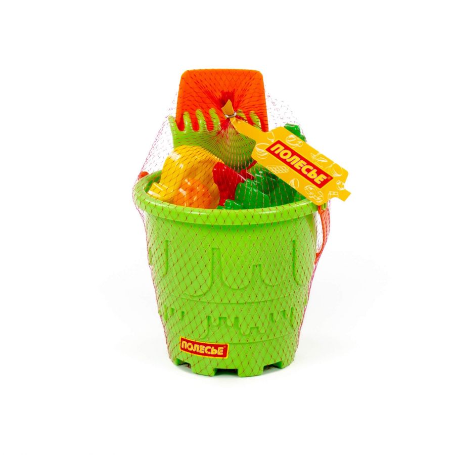 Набор №527: ведро-замок большое, лопатка №5, грабельки №5, формочки (тигр + мамонт + динозавр №1 + динозавр №2)