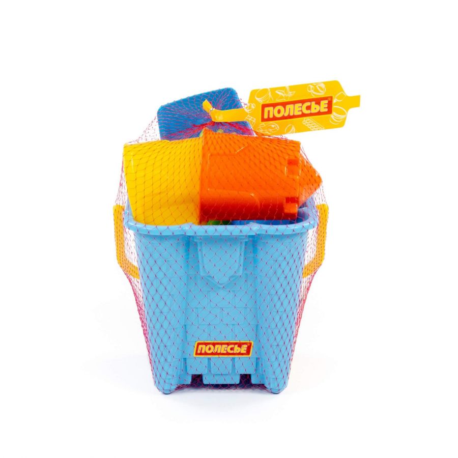 Набор №549: ведро-замок большое №2, лопатка №5, грабельки №5, формочки (замок башня + замок стена с двумя башнями)