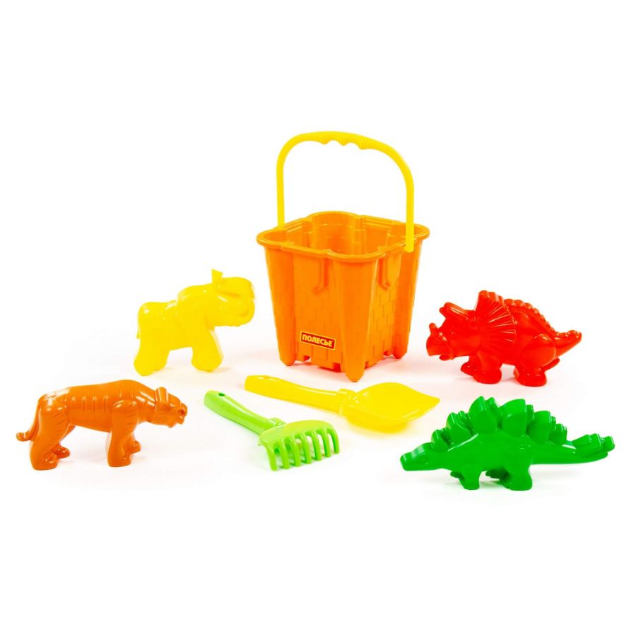Набор №551: ведро-замок большое №2, лопатка №5, грабельки №5, формочки (тигр + мамонт + динозавр №1 + динозавр №2)