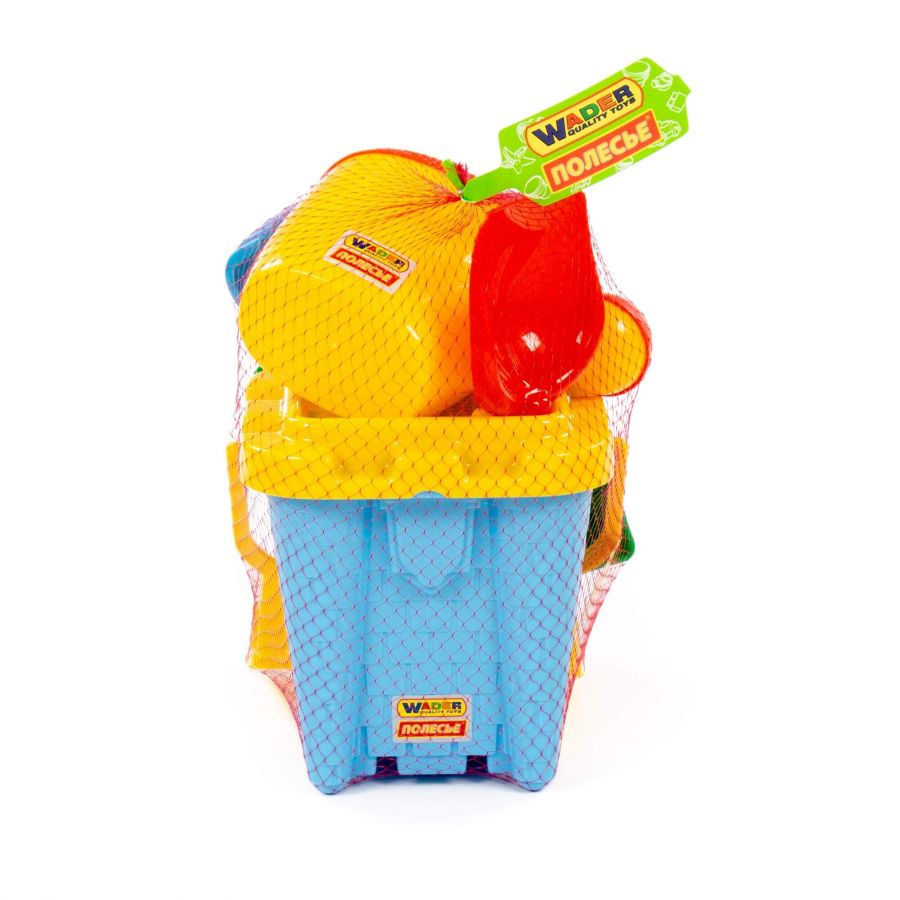 Набор №555: ведро-замок большое №2, ситечко-крепость большое, лопатка №5, грабельки №5, формочки 3 шт, лейка №10