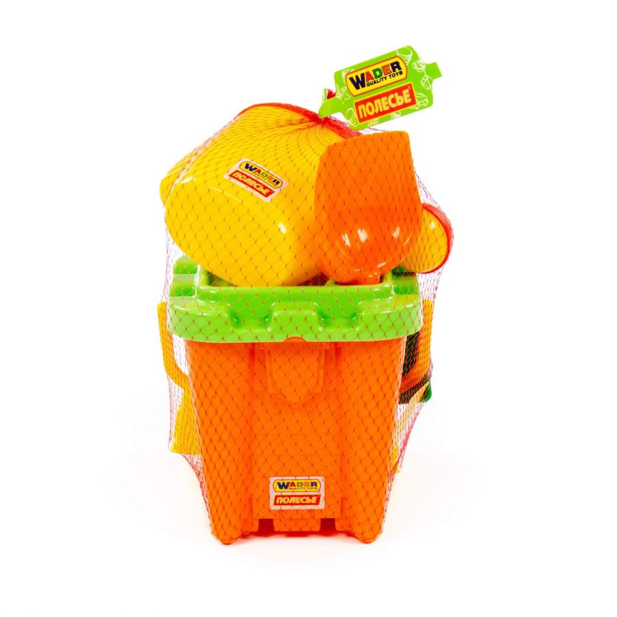 Набор №555: ведро-замок большое №2, ситечко-крепость большое, лопатка №5, грабельки №5, формочки 3 шт, лейка №10