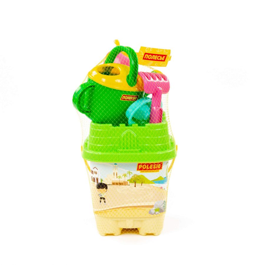 Набор №589: ведро-замок большое с наклейкой, ситечко-замок большое, лопатка №32, грабельки №32, формочка (самолёт), кораблик "Юнга", лейка №8