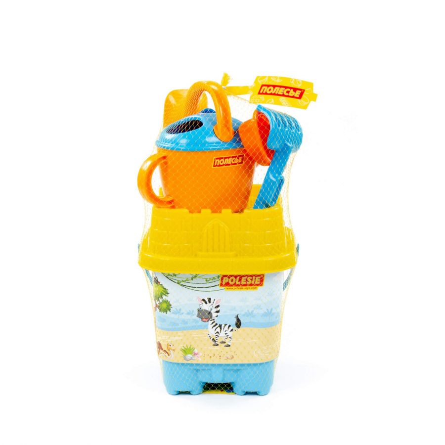 Набор №589: ведро-замок большое с наклейкой, ситечко-замок большое, лопатка №32, грабельки №32, формочка (самолёт), кораблик "Юнга", лейка №8