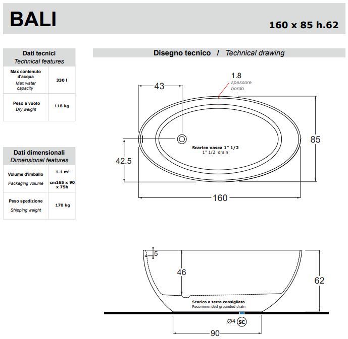 Отдельностоящая ванна Gruppo Treesse Bali 160х85 V026 с матовым покрытием схема 2