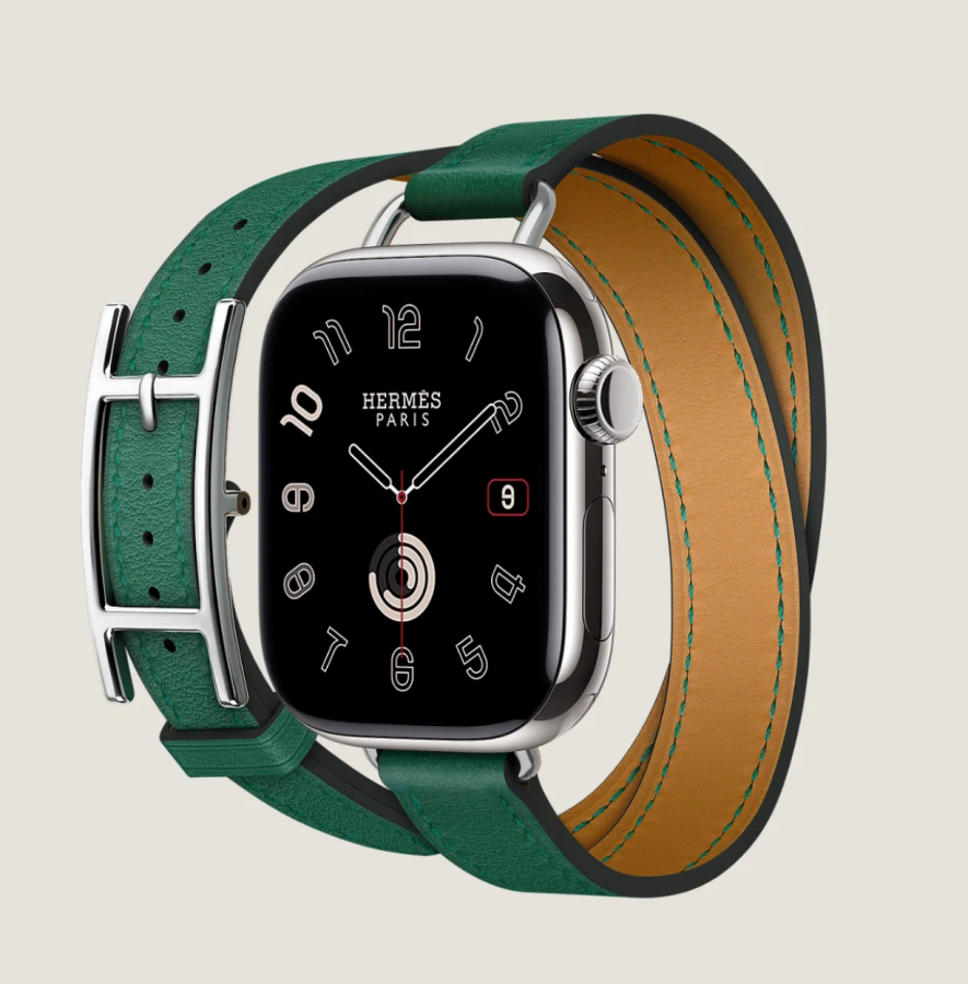 Часы Apple Watch Hermès Series 10 GPS + Cellular 42mm Silver Titanium Case with Vert Moyen Hapi Attelage Duoble Tour