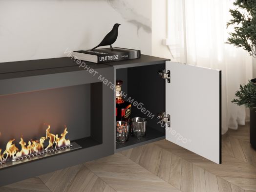 Шкаф навесной POINT ТИП-28 SBK с биокамином Чёрный/Чёрный глянец