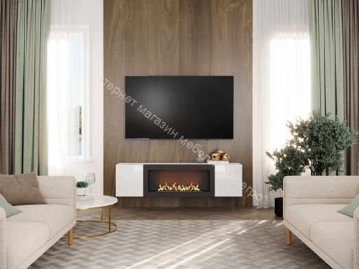 Шкаф навесной POINT ТИП-28 SBK с биокамином Белый глянец/Белый матовый