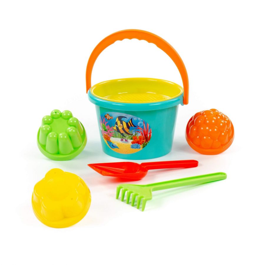 Набор №11: ведро среднее, ситечко, 3 формочки, лопатка, грабельки