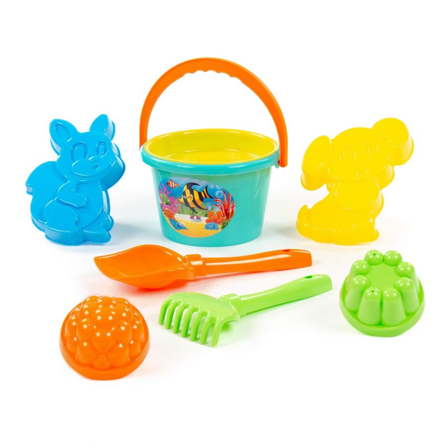 Набор №143: ведро среднее, ситечко, лопатка №5, грабельки №5, формочки (белочка + пёсик), 2 формочки