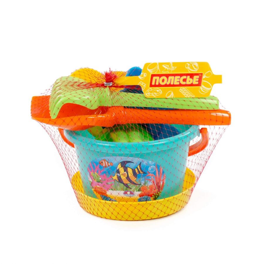 Набор №143: ведро среднее, ситечко, лопатка №5, грабельки №5, формочки (белочка + пёсик), 2 формочки